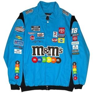NASCAR Kyle Busch M&Ms Crunchy Cookie Racing Jacket Mens 2XL Blue JH Design Y2K